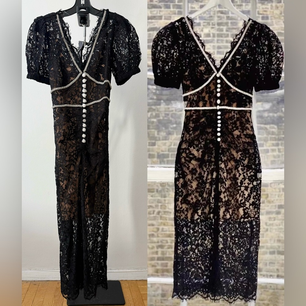 NWOT Self Portrait Dress | Self-Portrait Midi Dress Black Camellia Lace (US 6)